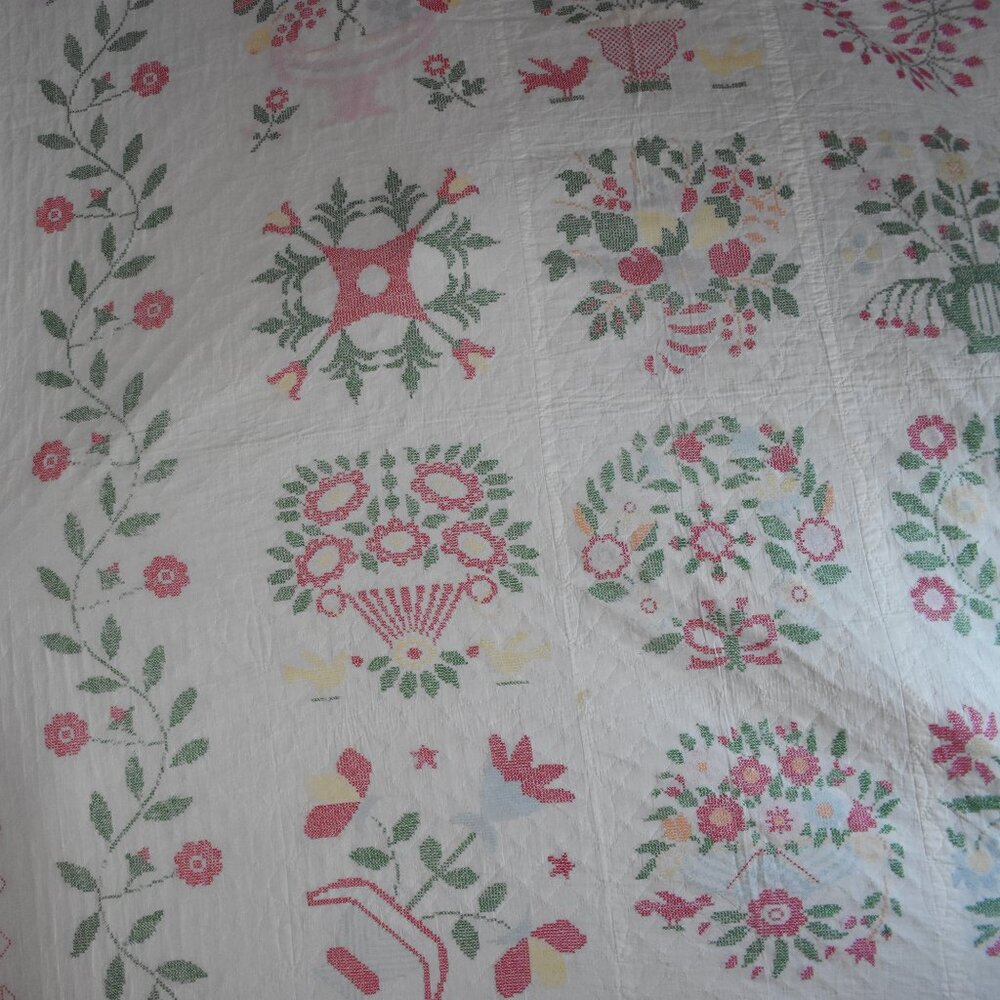 Vintage Handmade Cross Stitched Quilt Embroidered Baltimore Album Quilt 72 X 62 - Picture 9 of 13